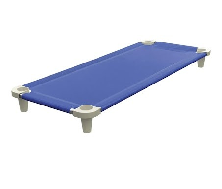 Blue nap cot with white legs on a white background