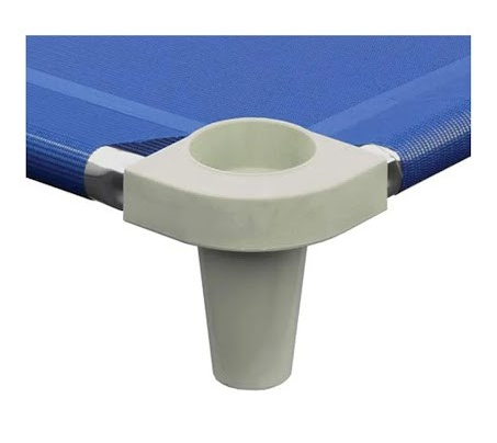 Blue nap cot with white stackable footrest for easy storage