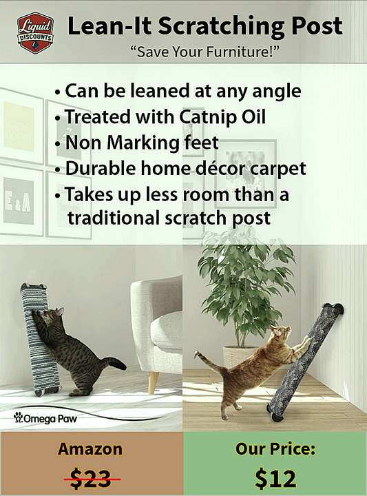 Advertisement for Omega Paw Lean-It Scratching Post with cat using the post and text highlighting features.