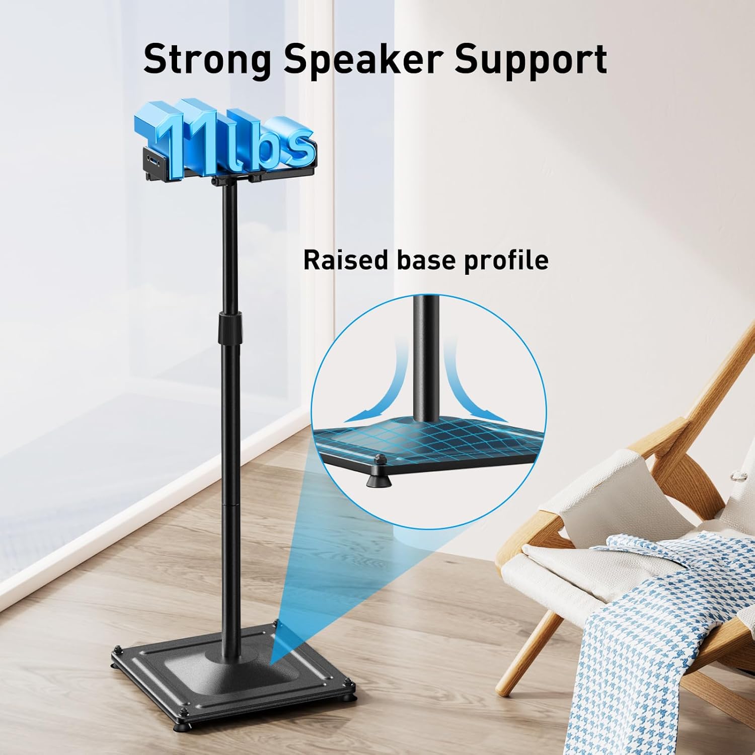 Perlesmith Universal Speaker Stand supporting up to 11 lbs with a stable, raised base for secure speaker placement.