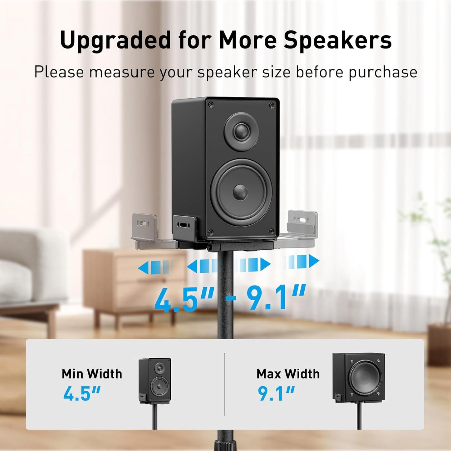 Perlesmith Universal Speaker Stands with adjustable platform width from 4.5 inches to 9.1 inches, fitting a wide range of speakers.