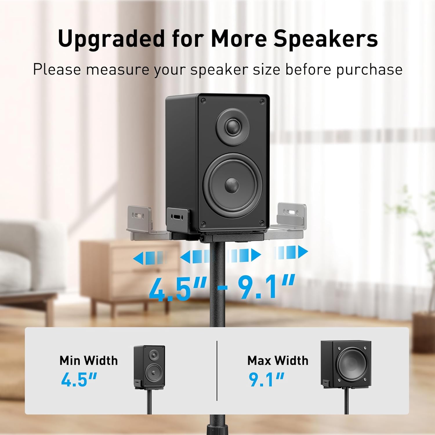 Perlesmith Universal Speaker Stands with adjustable platform width from 4.5 inches to 9.1 inches, fitting a wide range of speakers.