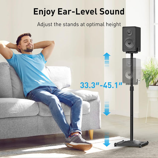 Perlesmith Universal Speaker Stands with adjustable height range of 33.3 inches to 45.1 inches, providing ear-level sound.