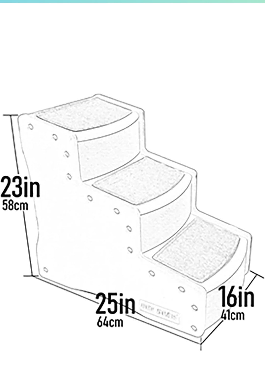 Measurement chart of pet steps with dimensions labeled in inches and centimeters.
