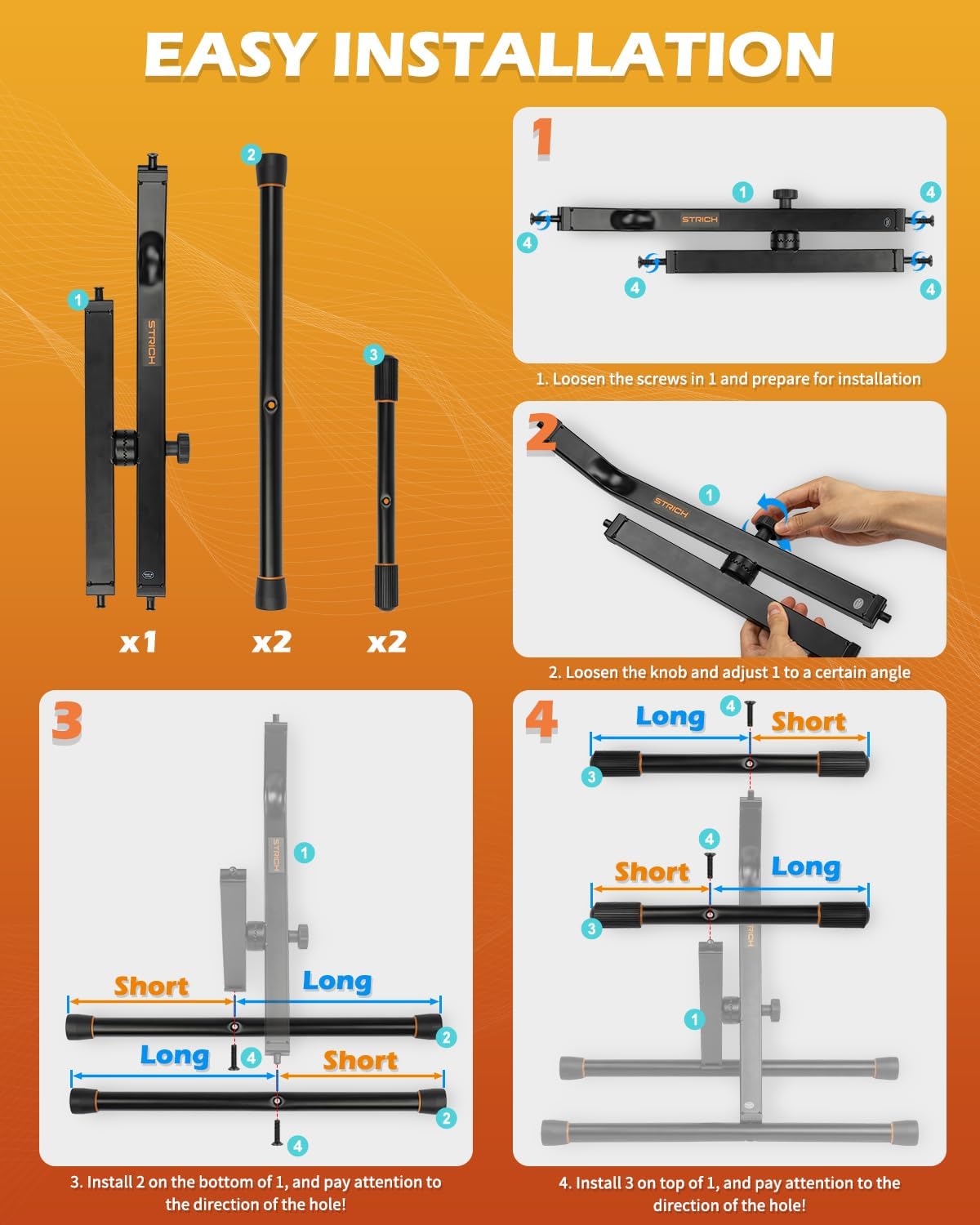 STRICH amplifier stand showing easy installation instructions with quick-lock parts and foldable frame