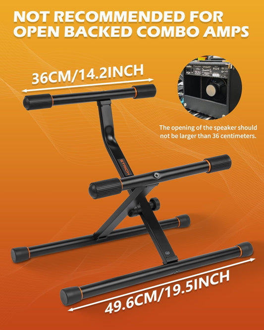 STRICH amp stand dimensions shown: 36 cm top bar and 49.6 cm base; not recommended for open-backed combo amps