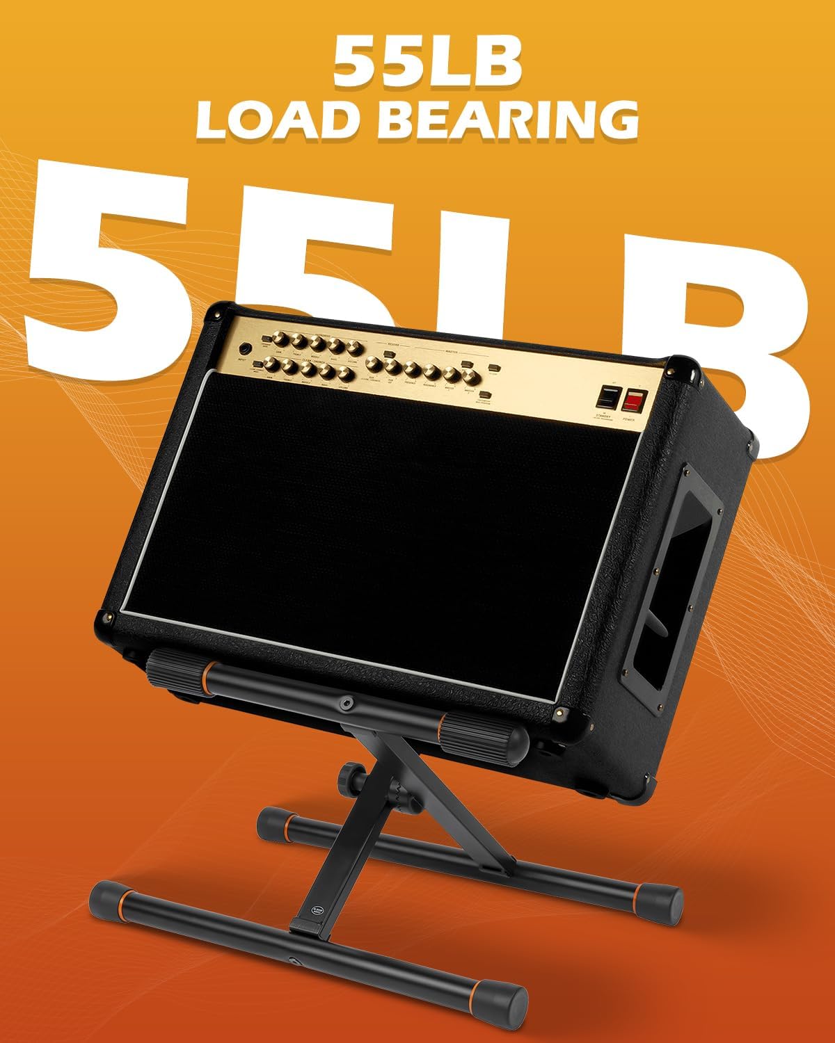 STRICH guitar amp stand demonstrating 55 lb load capacity with mounted amplifier, stable for stage or studio