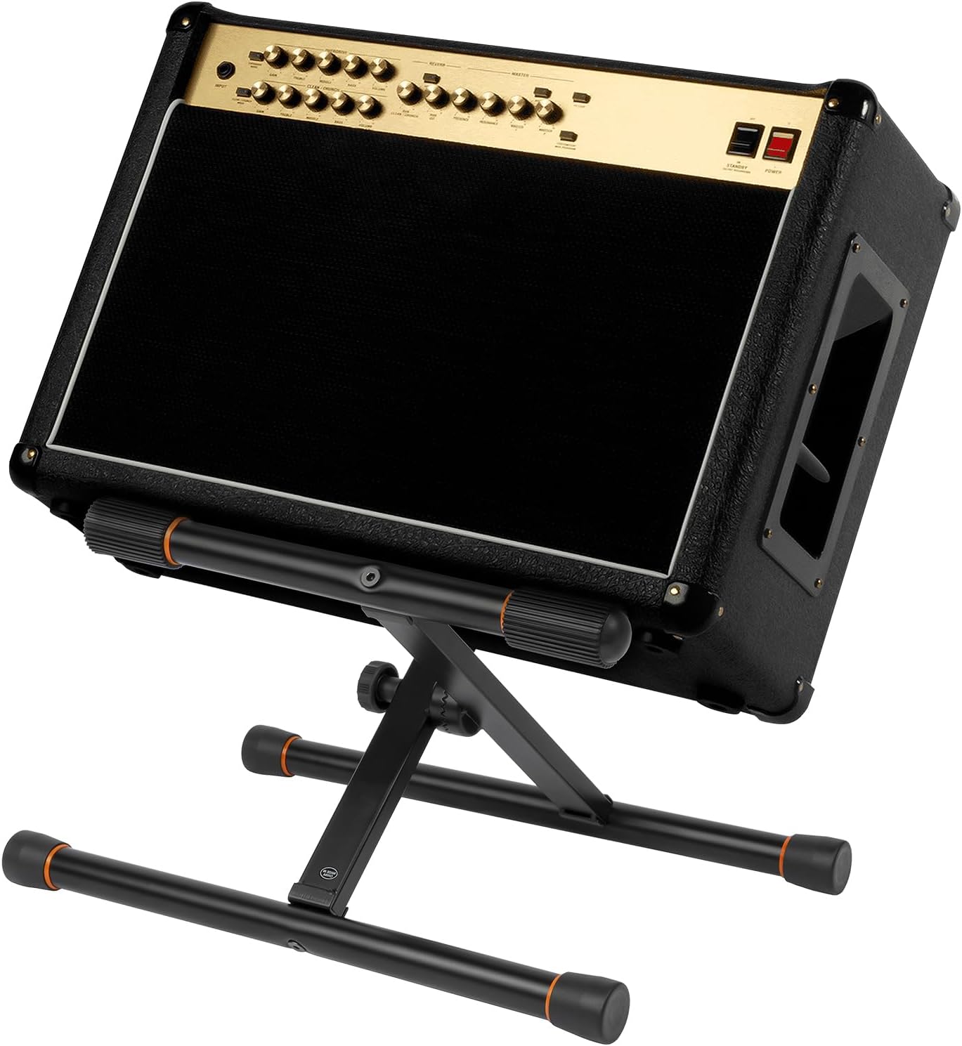 STRICH guitar amp stand in use with amplifier mounted, mid-profile design enhances sound projection and clarity
