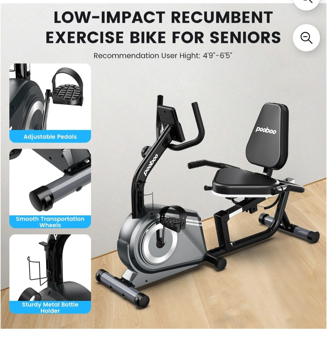 Recumbent exercise bike with features highlighted on a gray background