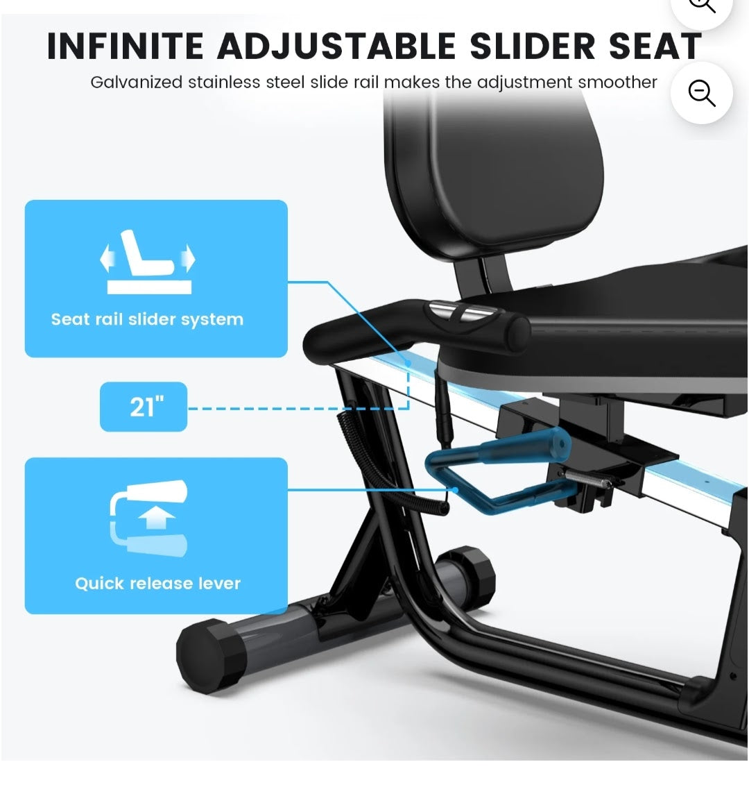 Adjustable slider seat with features highlighted on a white background