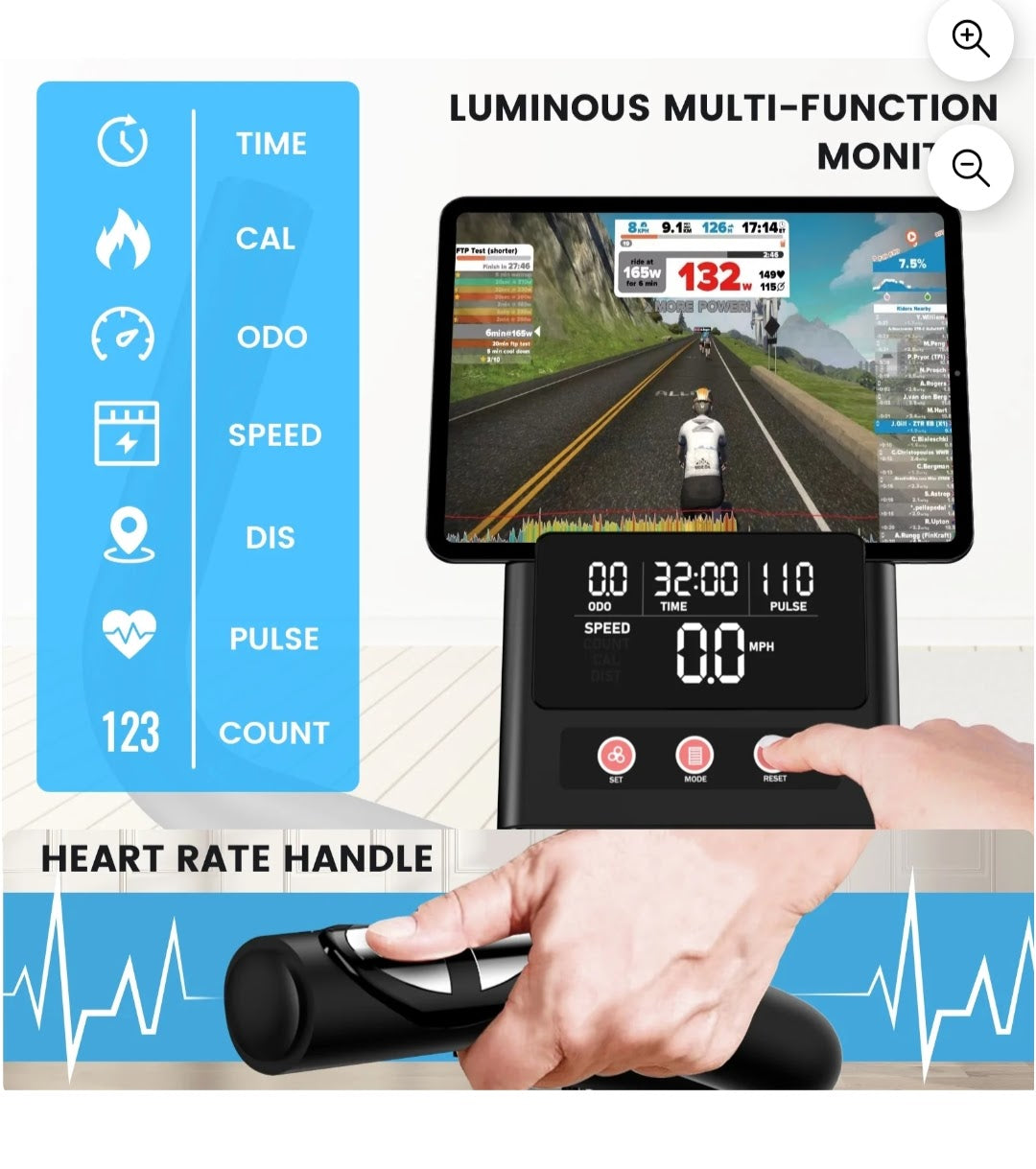 Multifunctional cycling monitor with heart rate handle on a white background