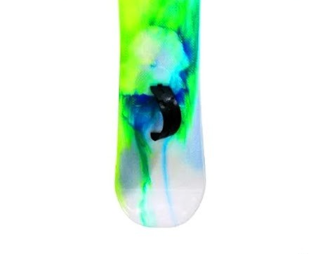 Colorful skateboard deck with abstract design on a white background