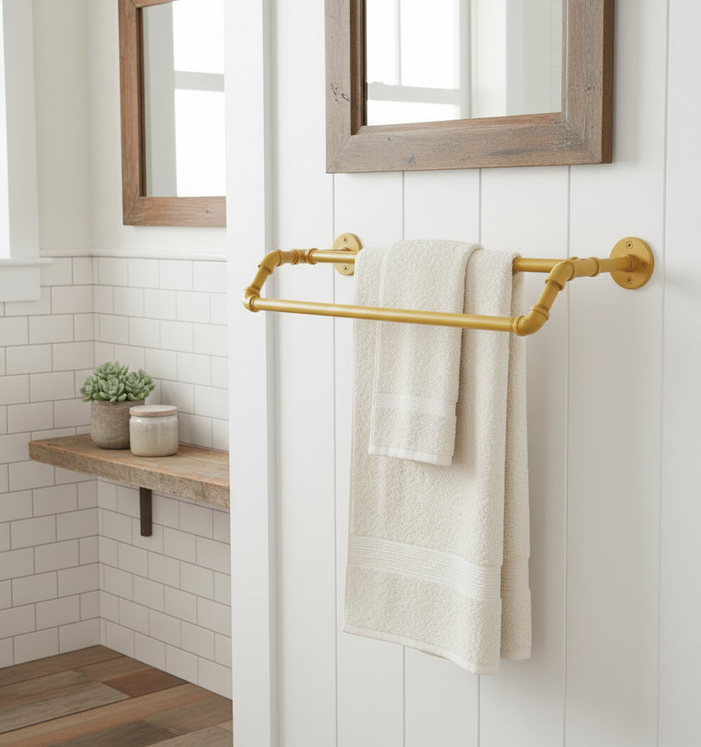 24" Spanish gold double bar with white towels white wall and bathroom mirror background
