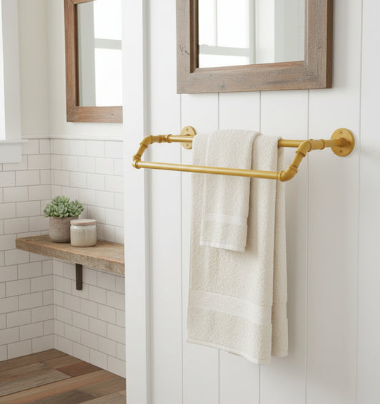24" Spanish gold double bar with white towels white wall and bathroom mirror background