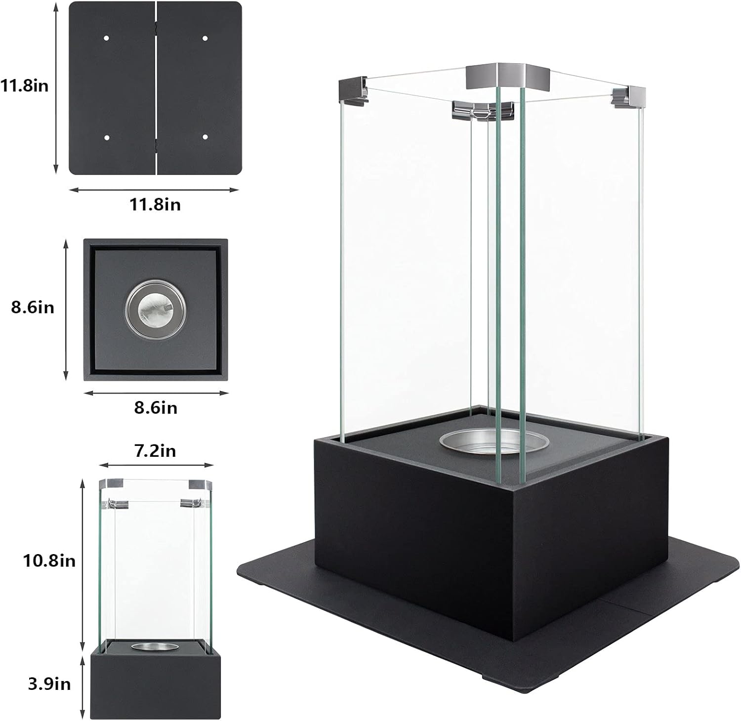 Dimensions and components of the tabletop fireplace including base, glass walls, and wick system