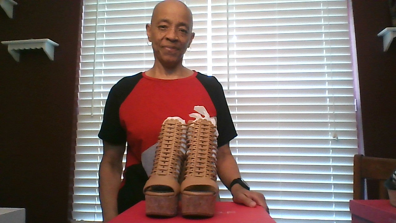 Tan Size 6.5 Wedges Displayed showing the designs 