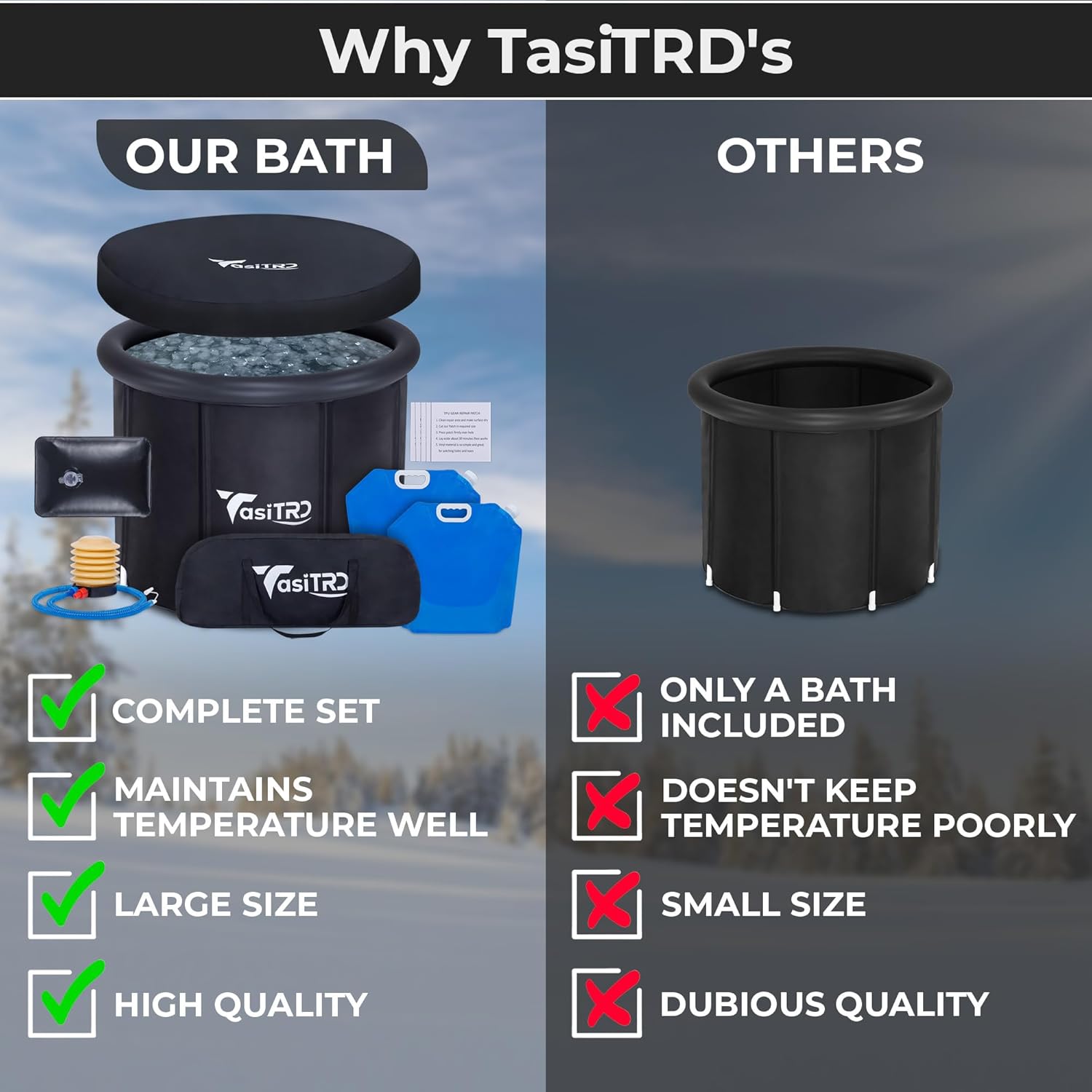 Comparison between TasiTRD cold plunge tub and other brands, highlighting complete set and high quality