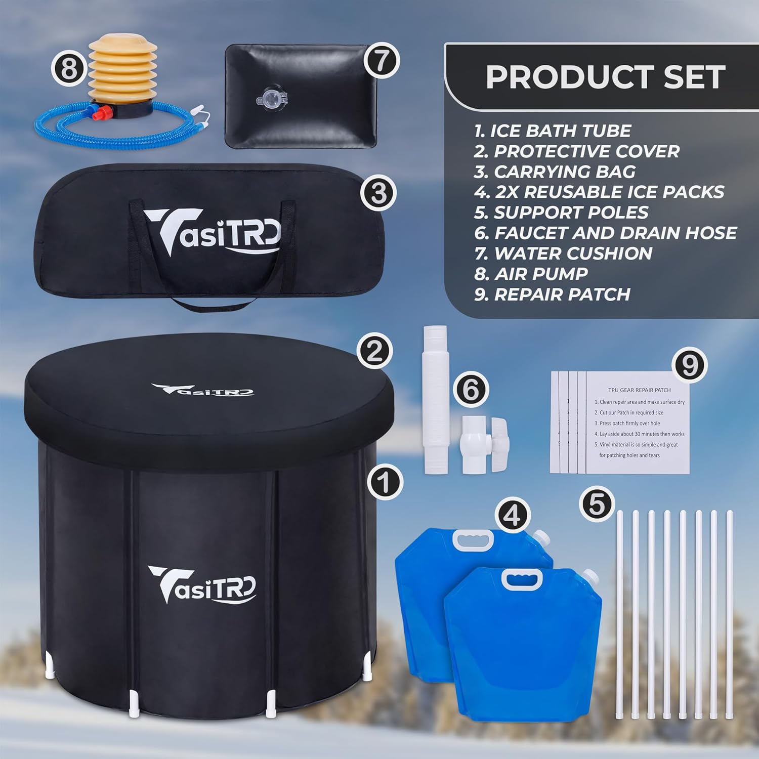 TasiTRD insulated cold plunge tub set with lid, cushion, bag, and drain valve laid out