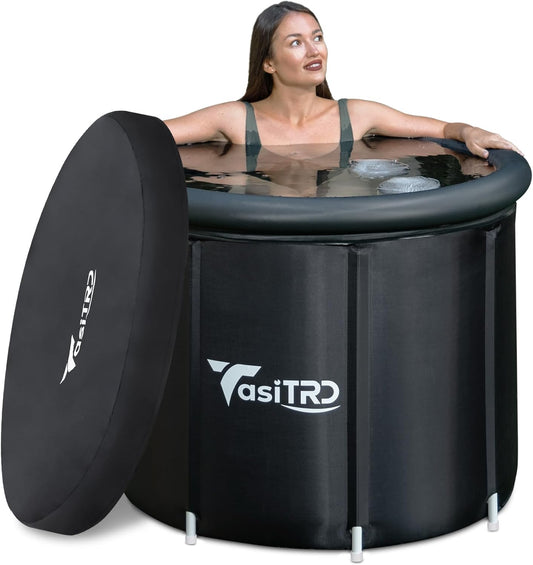 Woman sitting in TasiTRD insulated cold plunge tub with lid fully closed