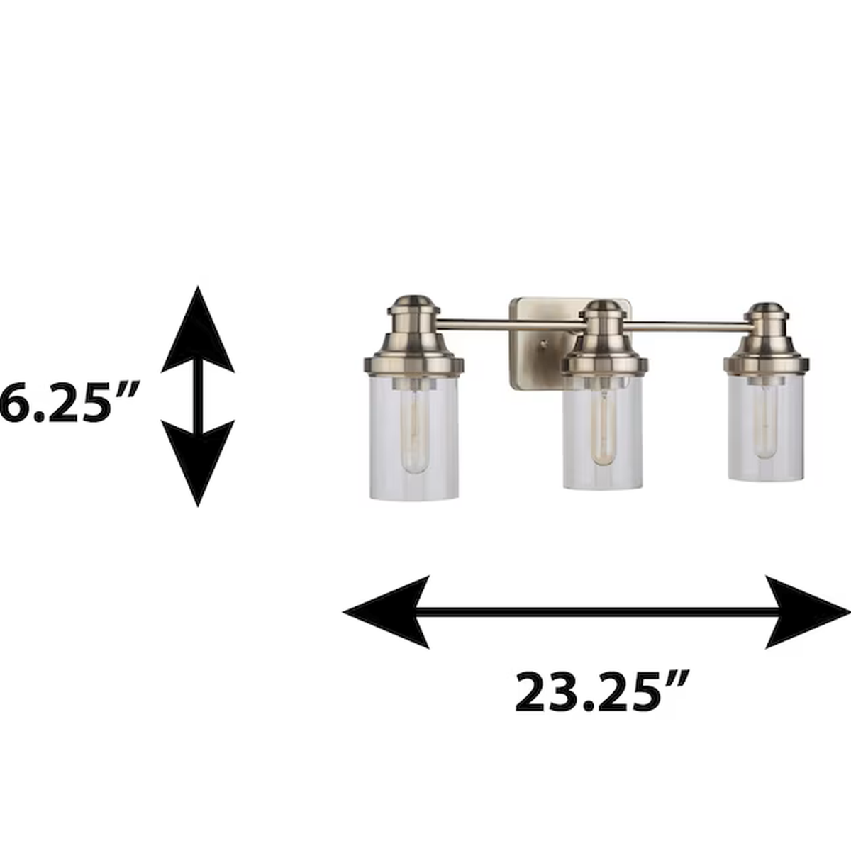 Dimensions of the Allen + Roth Ivy 3-Light Vanity Light – 23.25 inches wide and 6.25 inches tall, with three clear glass shades.