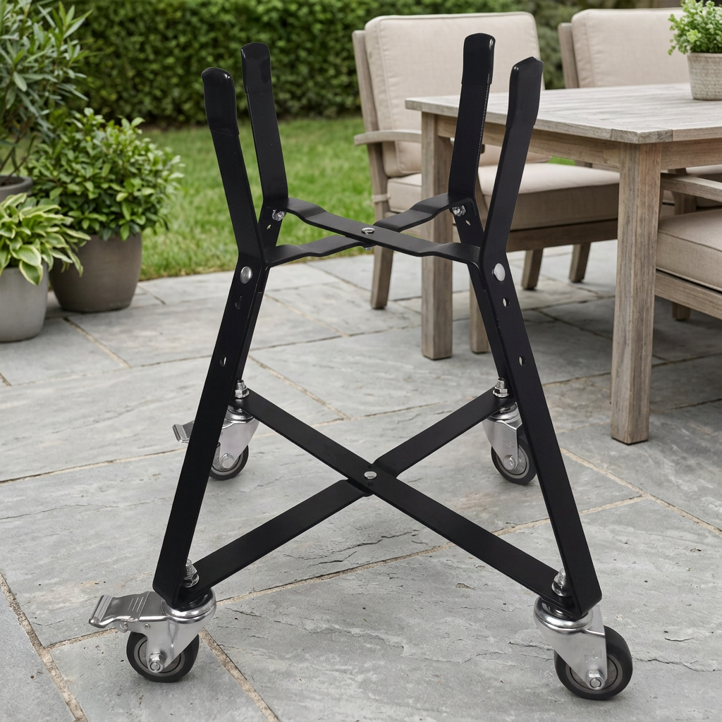 BBQ rolling cart frame staged on a patio