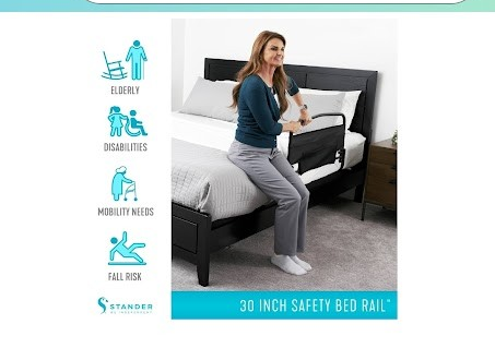Woman using a 30-inch safety bed rail with icons indicating its use for elderly, disabled, mobility needs, and fall risk.