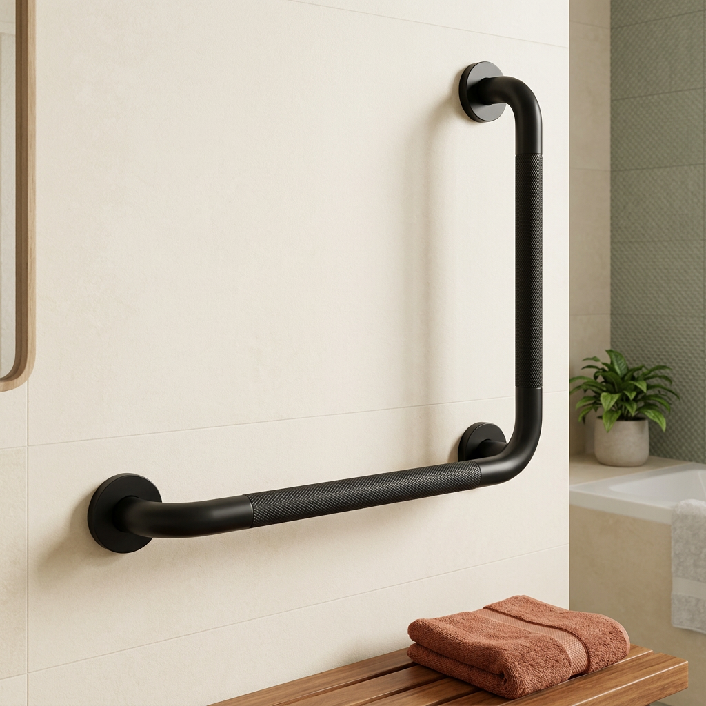 Black L-shaped grab bar staged in a spa-style bathroom