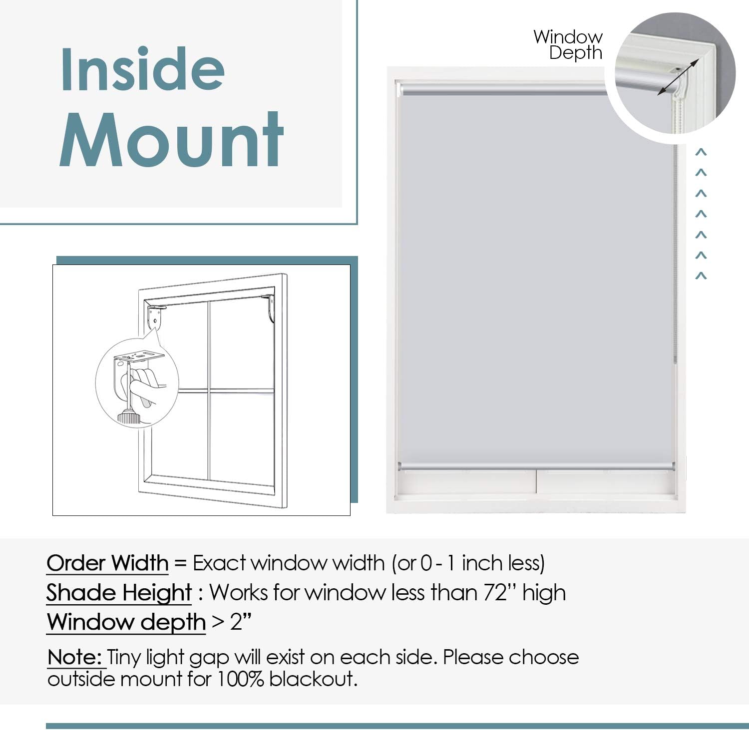 Inside mount installation guide showing measurement instructions for roller shades