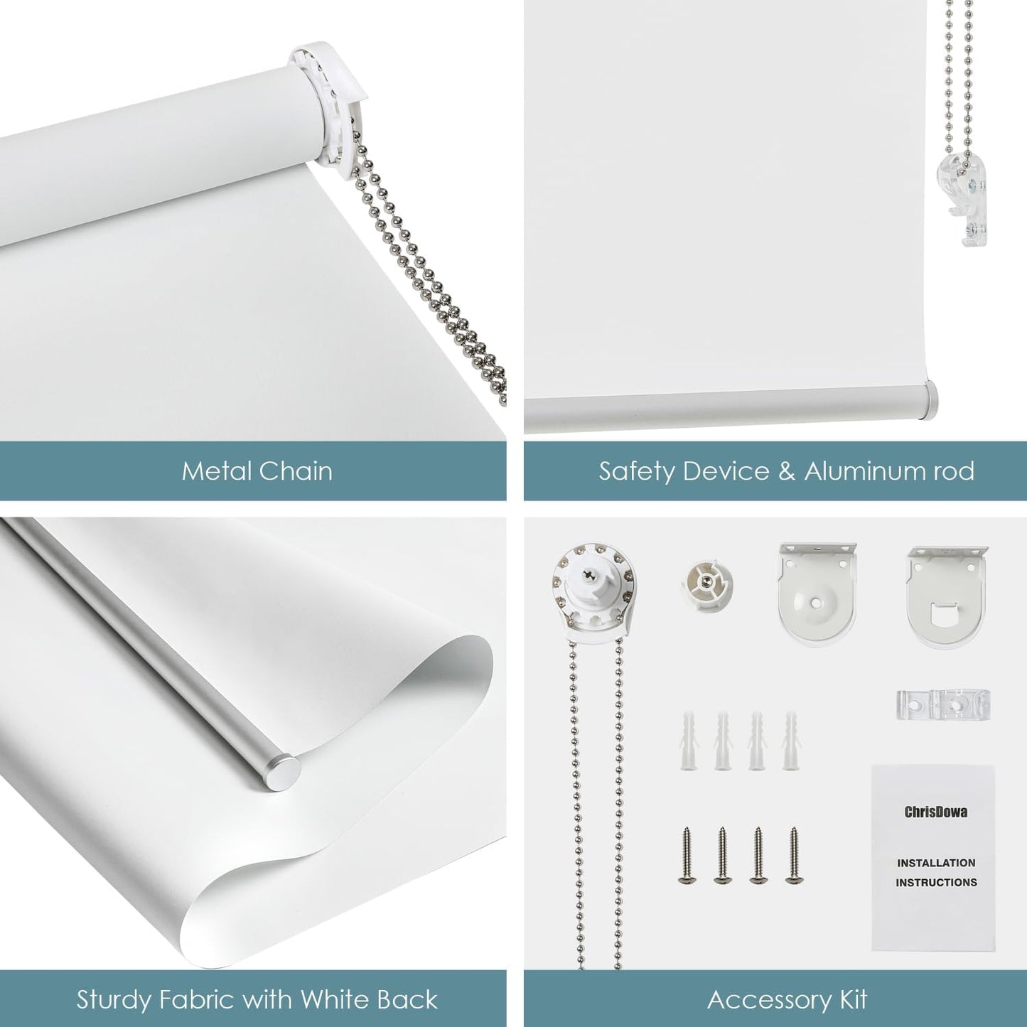 Side-by-side view of roller shade features including beaded chain and mounting brackets