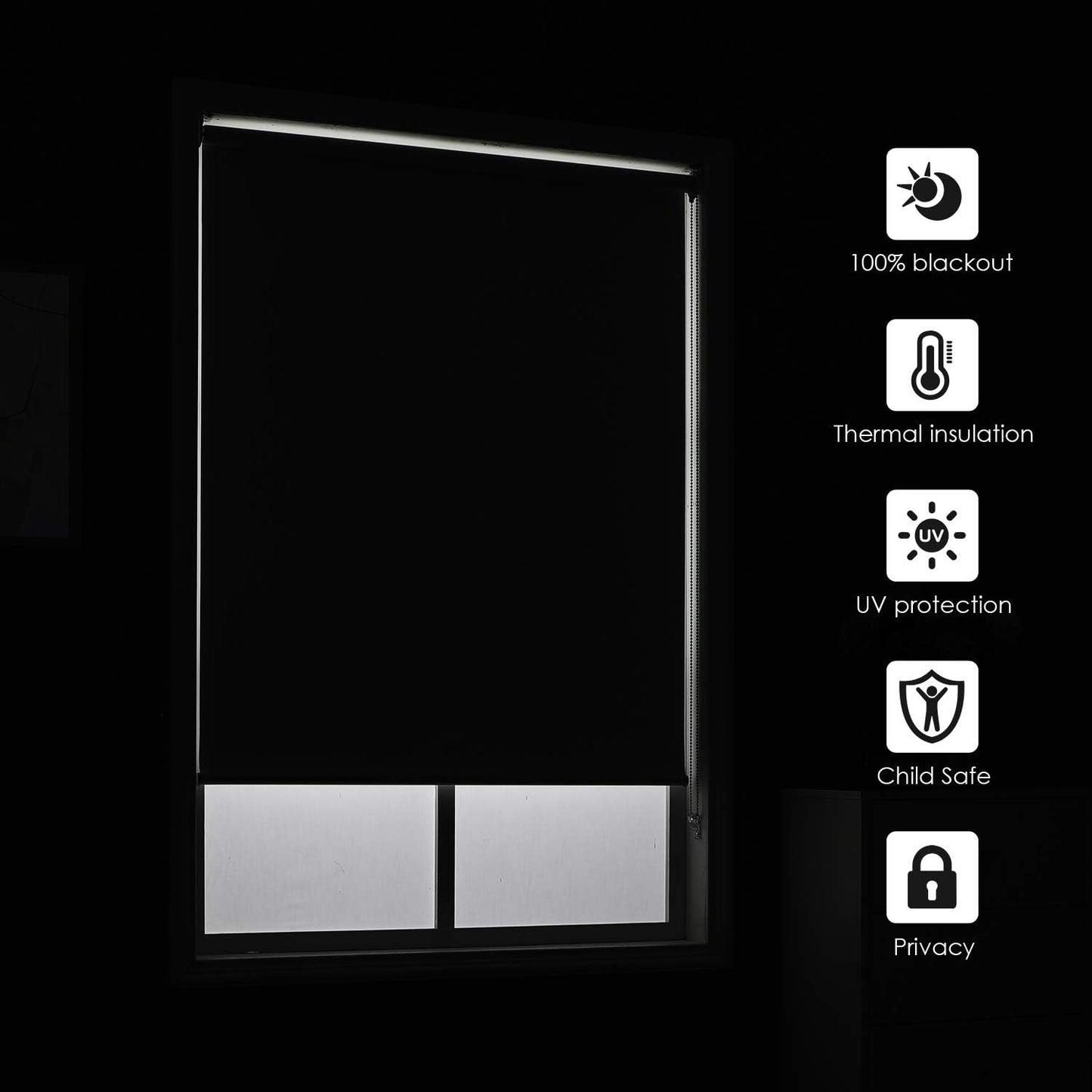 Dark room view highlighting blackout, thermal insulation, and UV protection features of roller shade