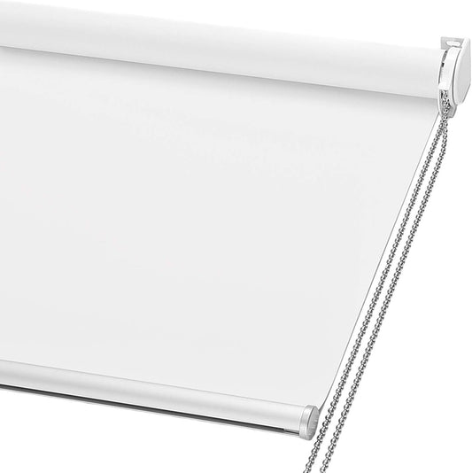 lose-up of white roller shade with beaded chain mechanism