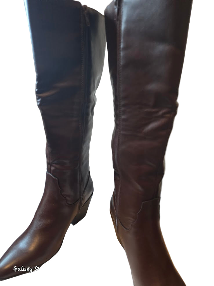 Brown knee-high boots with a white background