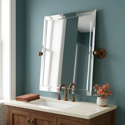 Brushed bronze tilt mirror staged in a colorful bathroom
