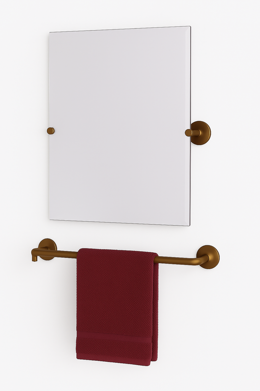 Allied Brass Tilt Beveled Edge Frameless Mirror with Brushed Bronze Hardware with a white background staged with brush bronze towel bar and burgundy towel