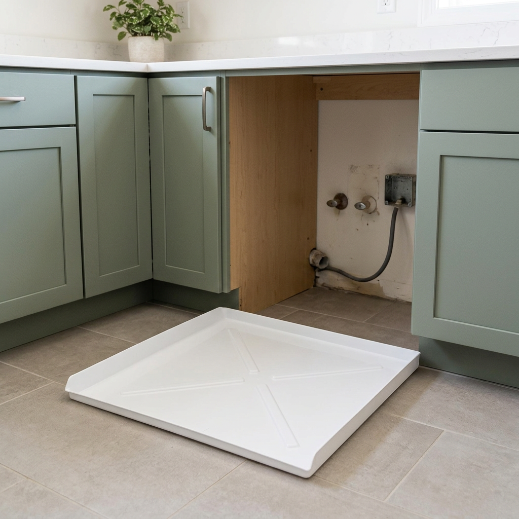 Camco dishwasher drain pan staged in a sage-green kitchen