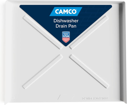 Camco white dishwasher drain pan packaging with blue label  