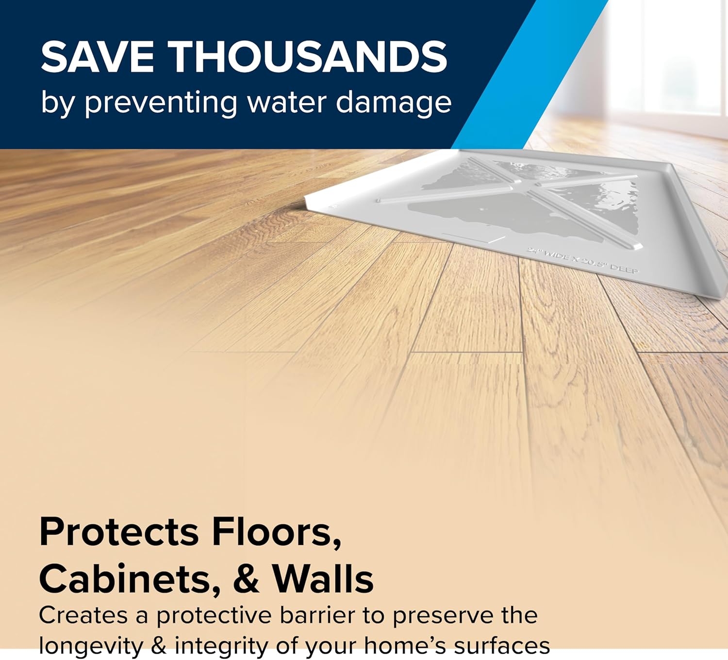 Floor protection system on a wooden floor with text about water damage prevention