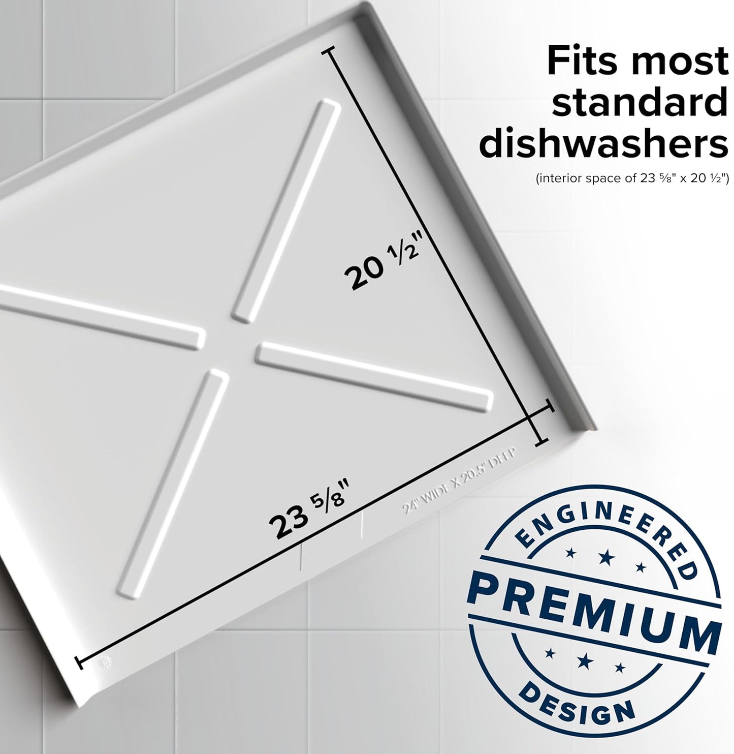 Measurement chart for a dishwasher drain pan with dimensions and 'Engineered Premium Design' stamp on a tiled background