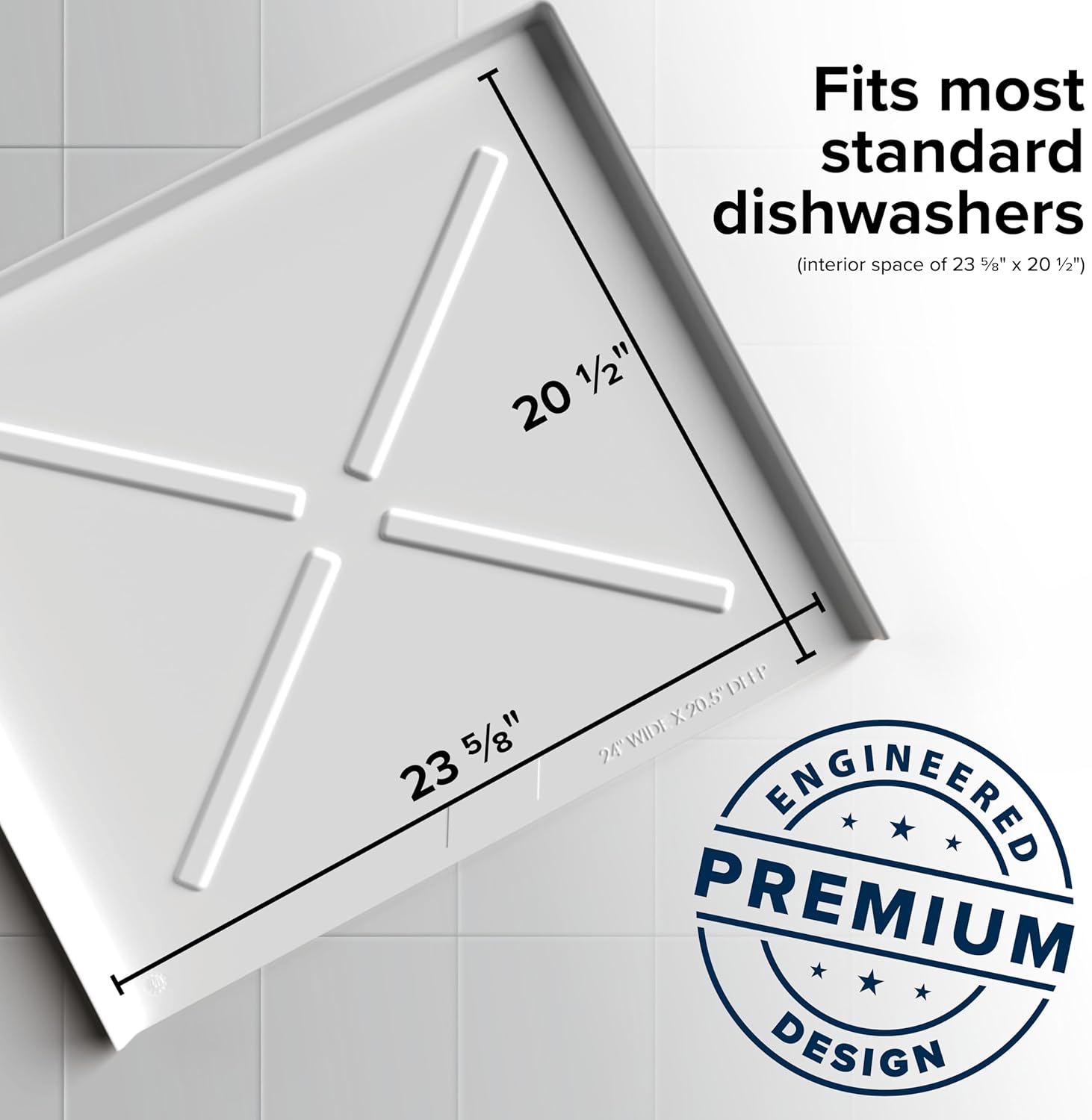 Measurement chart for a dishwasher drain pan with dimensions and 'Engineered Premium Design' stamp on a tiled background
