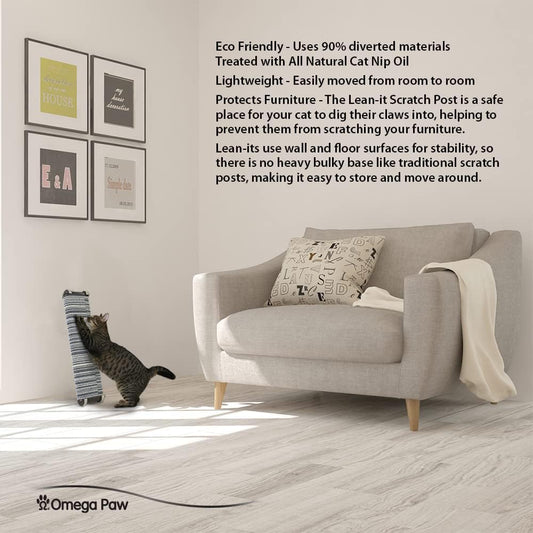Cat using a Lean-It Scratch Post next to a gray sofa in a room with framed pictures on the wall.