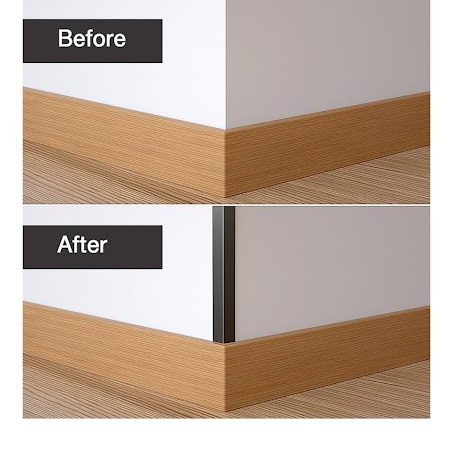 Comparison of wooden baseboard corner with and without corner guard 'Before' and 'After'.