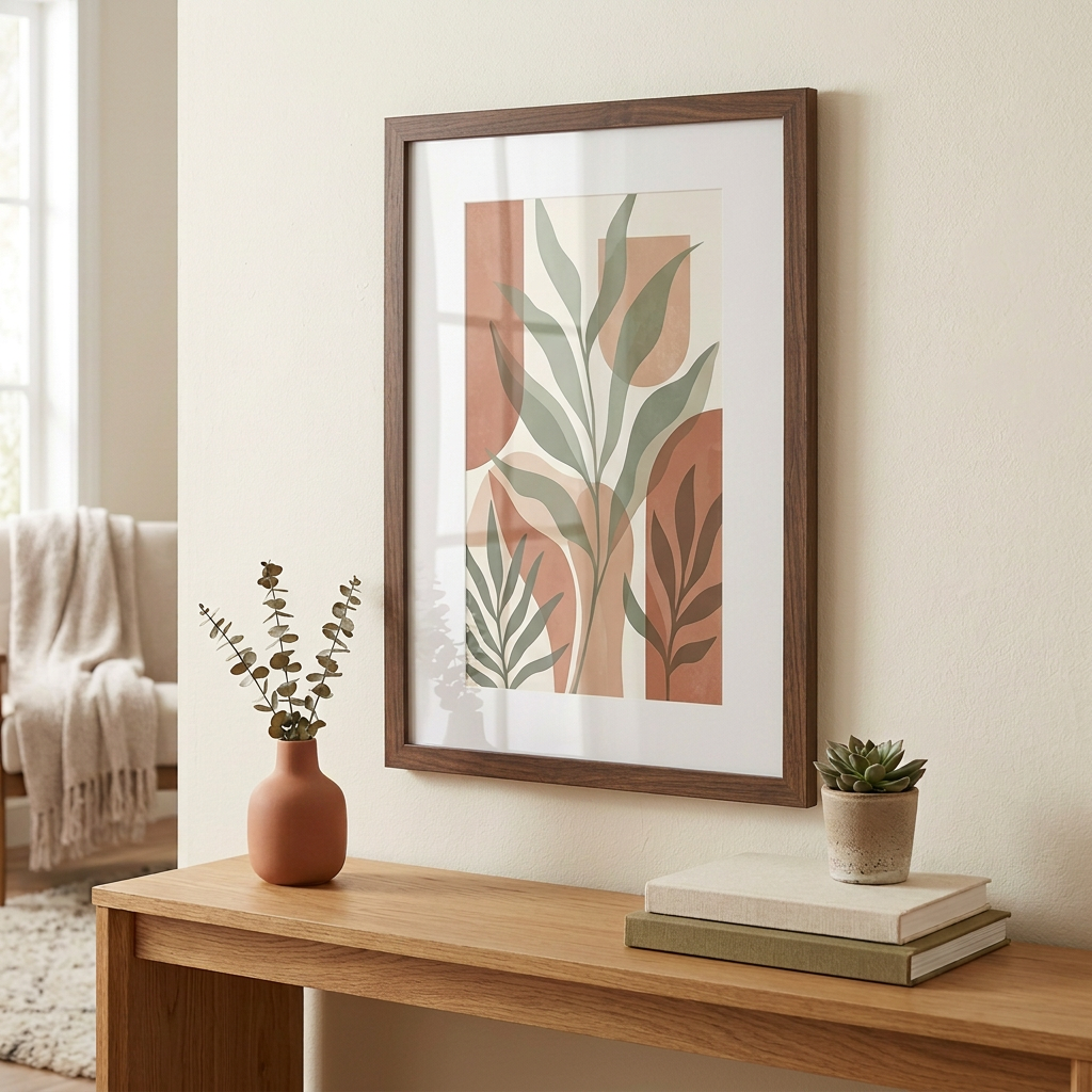 Dark brown woodgrain frame staged above an oak console