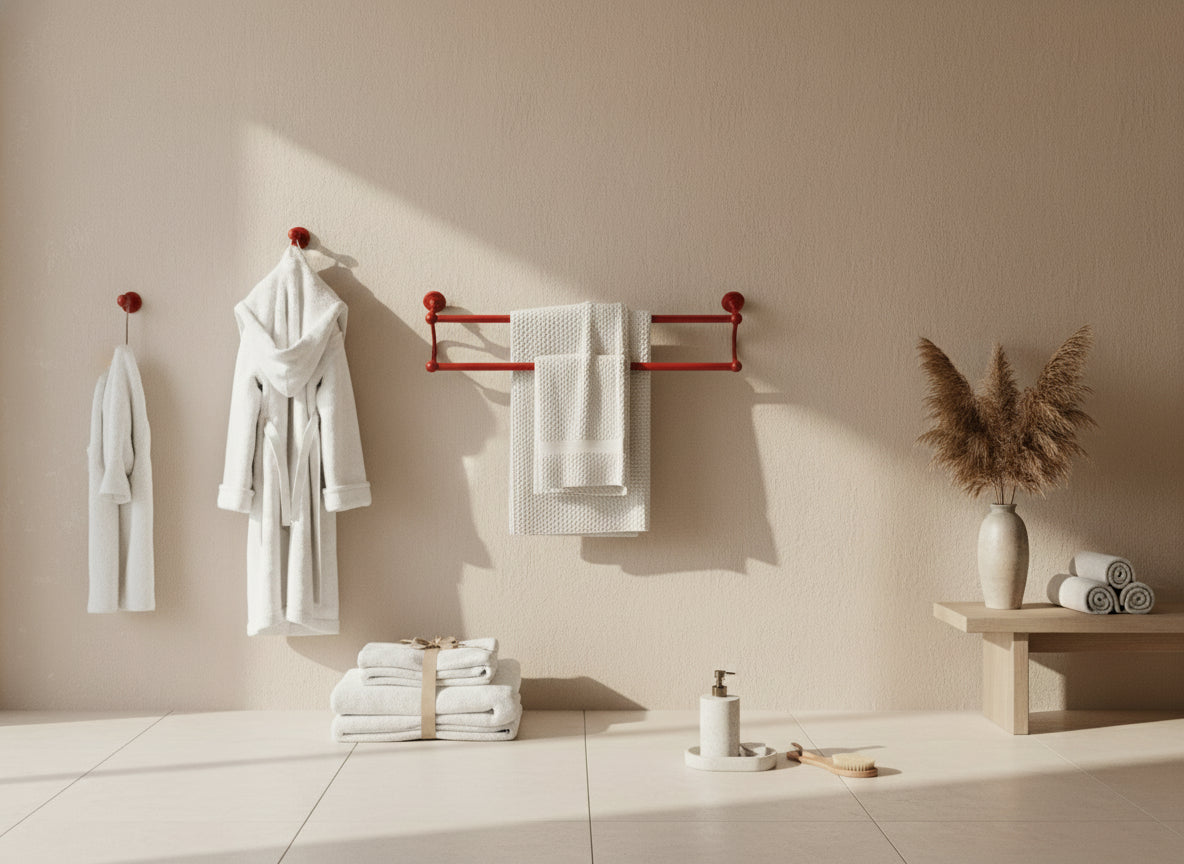 30" Bathroom setting with towels displaying fire engine red double towel bar, a robe, and decorative elements on a neutral wall 
