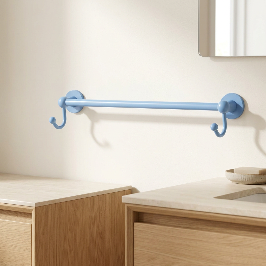Flat Troll Blue towel bar staged in a bright bathroom