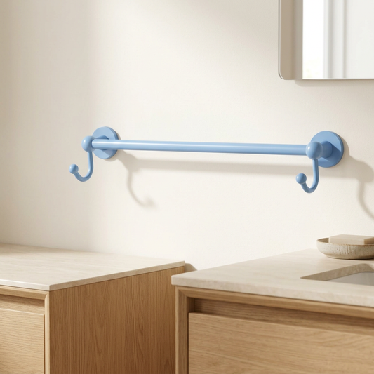 Flat Troll Blue towel bar staged in a bright bathroom