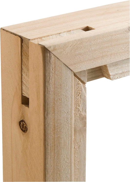 Close-up of assembled stretcher bar corner showing tongue and groove connection