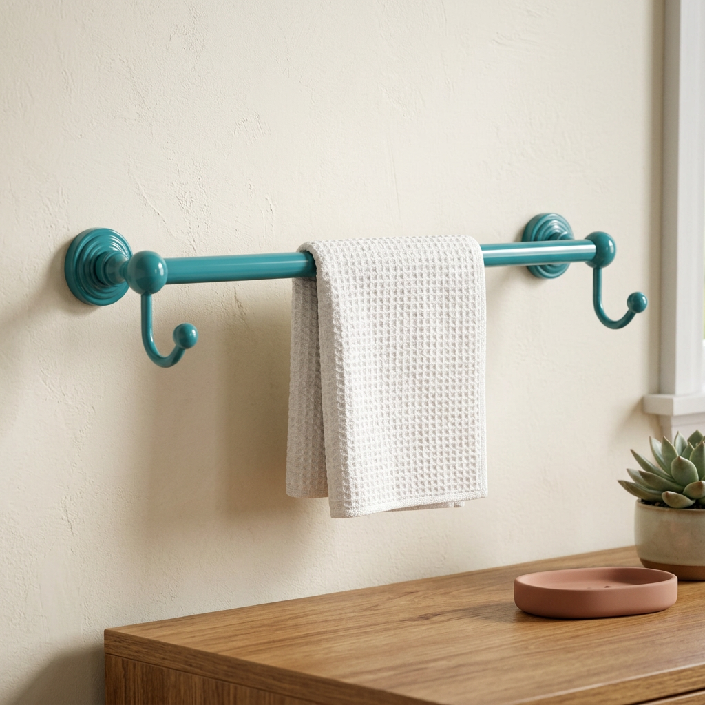 Glokzin Teal towel bar staged in a warm, elegant bathroom