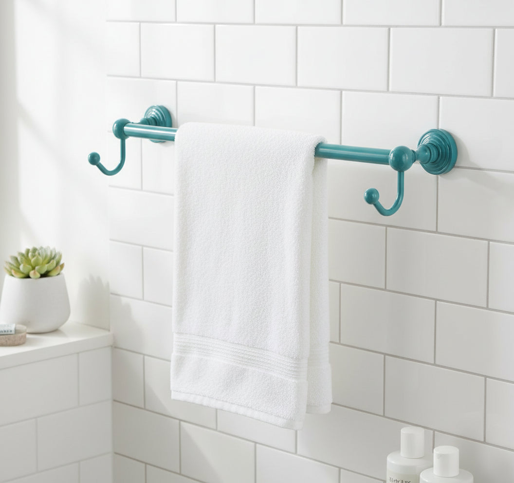 24" Glokzin Teal towel bar with integrated hooks on white tile wall