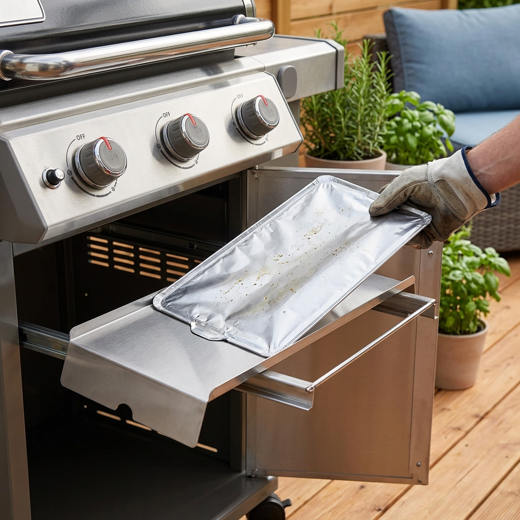 Grill drip tray in use with disposable foil liner being removed