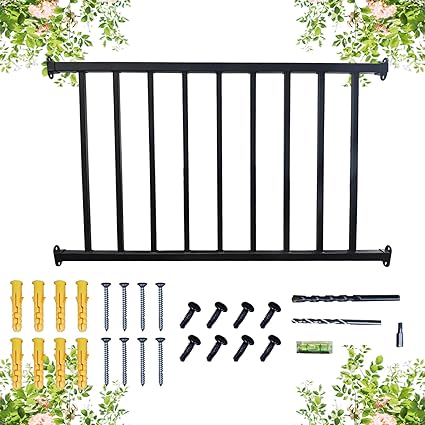 Black metal fence panel with installation hardware on a white background